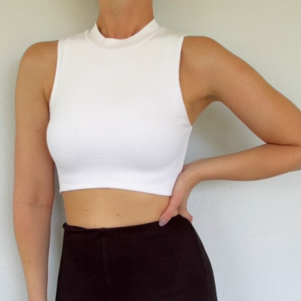 ZARA white ribbed mock neck sleeveless bodycon crop top size medium